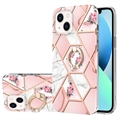Husă TPU iPhone 15 Plus - Marble Pattern IMD cu Suport pentru Inel - Roz / Alb