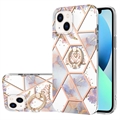 Husă TPU iPhone 15 Plus - Marble Pattern IMD cu Suport pentru Inel - Violet / Alb