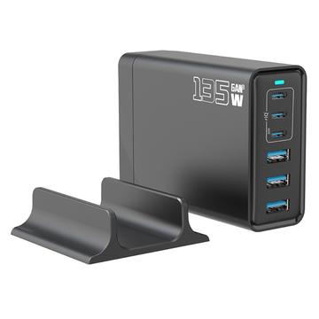 Încărcător de birou GaN 135W / Stație de încărcare de mare viteză cu 6 porturi - 3x USB-C, 3x USB-A - Negru