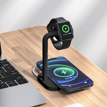 2 în 1 Magnetic Wireless Charger Desktop Wireless Fast Charging Base Stand Dock Station pentru Apple Watch/iPhone - Negru