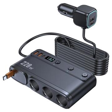 Încărcător auto 228W 9-in-1 cu separator de brichetă cu încărcare rapidă, cu comutatoare independente și afișaj LED - negru