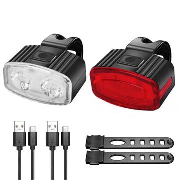 Set de lumini pentru biciclete reincarcabile prin USB, fata spate, cu LED-uri pentru biciclete, far USB, faruri pentru biciclete - Set rosu+alb - 2 buc.