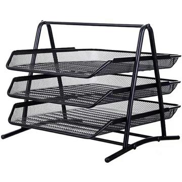 Organizator de fișiere stivuibile cu 3 trepte din plasă metalică - negru