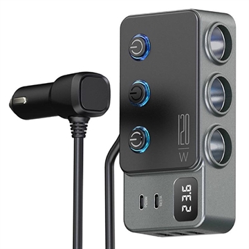 Încărcător auto cu încărcare rapidă 3 în 1 PD 35W - Adaptor pentru brichetă 120W și 5 porturi USB - negru