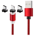 Cablu Magnetic LED 3-în-1 - Lightning, USB-C, MicroUSB - 1m - Roșu