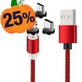 Cablu Magnetic LED 3-în-1 - Lightning, USB-C, MicroUSB - 1m - Roșu