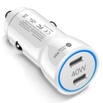 Încărcător auto rapid 40W Dual USB-C PD cu inel de lumină LED - alb