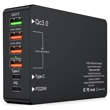 6-Port Fast Charger with USB-C PD & QC3.0 - 65W