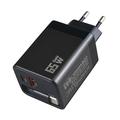 Încărcător de călătorie GaN de 65W - Cablu USB-C retractabil, porturi USB-C/USB-A - Negru