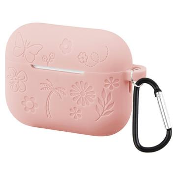 AirPods Pro 3 Carcasă din silicon lichid cu model floral și carabină - roz deschis