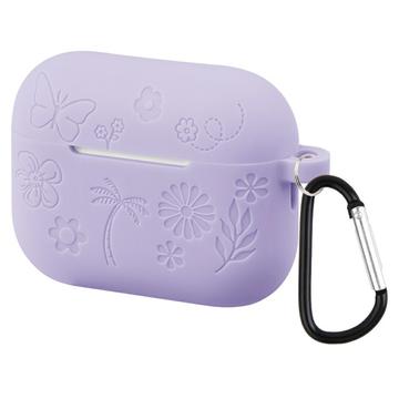 AirPods Pro 3 Carcasă din silicon lichid cu model floral și carabină - Violet deschis