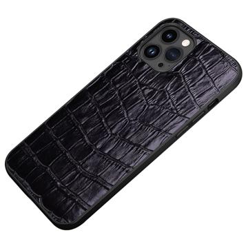 Husă Acoperită cu Piele iPhone 14 Pro - Crocodile - Negru