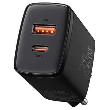 Încărcător De Perete Baseus Compact 20W - USB-C PD3.0, USB QC3.0 - Negru