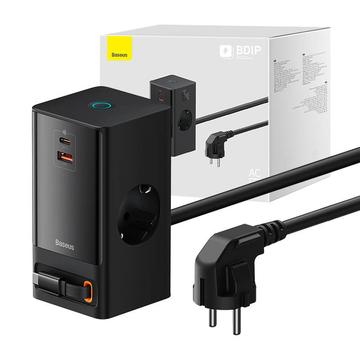 Baseus PowerCombo Digital Power Strip 65W cu cablu USB-C retractabil - 2xAC, USB-C, USB-A - negru