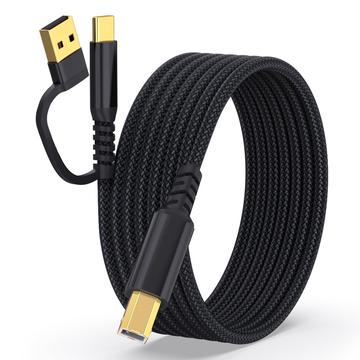 Cablu împletit 2 în 1 USB-A / USB-C la USB-B pentru imprimantă - 5m - Negru