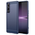 Husă TPU Periat Sony Xperia 1 V - Fibră De Carbon - Albastru