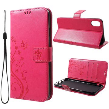 Husă tip portofel pentru iPhone XR Butterfly Series - Roz Aprins