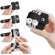 Organizator din silicon pentru cabluri și căști, cu buton metalic cu clic - Negru