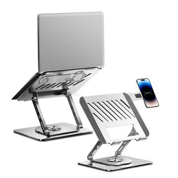 Suport rotativ pentru laptop cu două brațe din oțel carbon cu suport magnetic pentru telefon - argintiu
