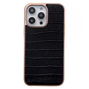 Husă Acoperită cu Piele iPhone 14 Pro Max - Crocodil - Negru