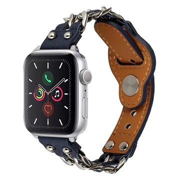 Curea Piele cu Lanț - Apple Watch Series Ultra 2/Ultra/9/8/SE (2022)/7/SE/6/5/4/3/2/1 - 49mm/45mm/44mm/42mm - Albastru