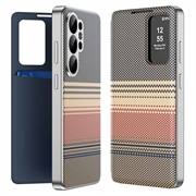 Husă rabatabilă Smart View cu model în carouri Samsung Galaxy S26 Ultra, cu compartiment pentru carduri - maro