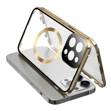 Compatibil cu Carcasa MagSafe pentru iPhone 15 Pro Cadru metalic magnetic + Capac de telefon din sticlă călită pe ambele fețe cu blocare cu cataramă - auriu