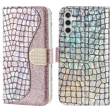 Husă Portofel Samsung Galaxy A34 5G - Croco Bling - Auriu Roze