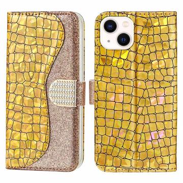 Husă Portofel iPhone 14 Plus - Croco Bling - Auriu