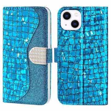 Husă Portofel iPhone 14 - Croco Bling - Albastru