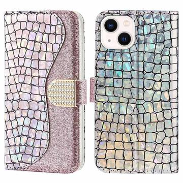 Husă Portofel iPhone 14 - Croco Bling - Auriu Roze