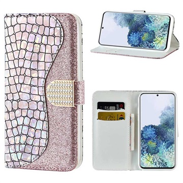 Husă Portofel Samsung Galaxy S21+ 5G Croco Bling - Auriu Roze