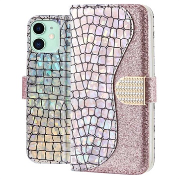 Husă Portofel iPhone 11 Croco Bling - Srebrny