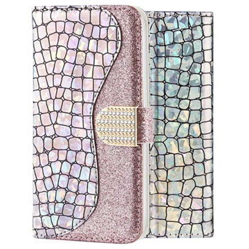 Husă Portofel iPhone X / iPhone XS Croco Bling - Srebrny