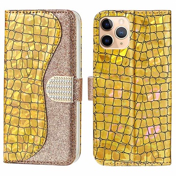 Husă Portofel iPhone 13 Pro - Croco Bling - Auriu