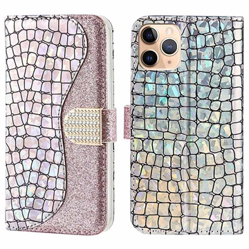 Husă Portofel iPhone 13 Pro - Croco Bling - Auriu Roze