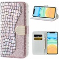 Husă Portofel iPhone 12/12 Pro Croco Bling - Auriu Roze