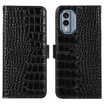 Husă Piele Portofel cu RFID Nokia X30 - Crocodile - Negru