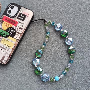 Curea de mână pentru telefon cu mărgele de cristal - 30cm - verde / albastru