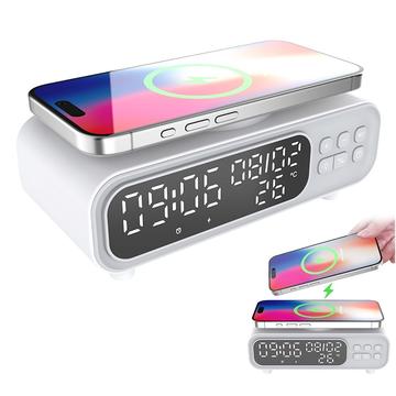 D15 Stație de încărcare wireless multifuncțională 5 în 1 cu ceas cu alarmă, lumină de noapte - alb