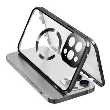Geam temperat cu două fețe + cadru metalic magnetic anti-cădere pentru iPhone 15 compatibil cu capacul de telefon MagSafe cu blocare cu cataramă