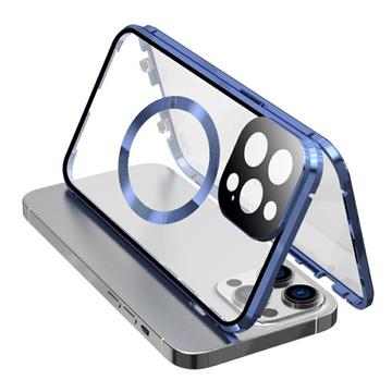 Geam temperat cu două fețe + cadru metalic magnetic anti-cădere pentru iPhone 15 compatibil cu capacul de telefon MagSafe cu blocare cu cataramă