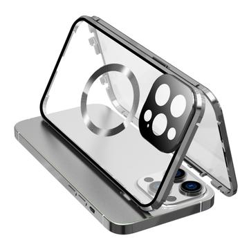 Geam temperat cu două fețe + cadru metalic magnetic anti-cădere pentru iPhone 15 compatibil cu capacul de telefon MagSafe cu blocare cu cataramă - argintiu