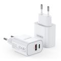 Încărcător rapid de perete Duzzona T12 30W PD - USB-C/USB-A, priză UE - Alb