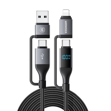 Essager 4-in-1 100W cablu de încărcare rapidă cu afișaj de putere - 2m - Negru