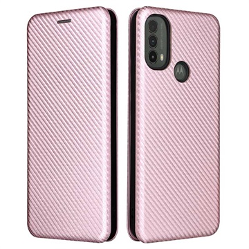 Husă Flip Motorola Moto E30/E40 - Fibra de Carbon - Auriu Roze