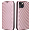 Husă Flip iPhone 15 - Fibra de Carbon - Auriu Roze