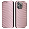 Husă Flip iPhone 15 Pro Max - Fibra de Carbon - Auriu Roze