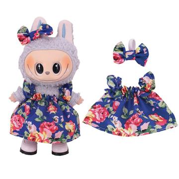Rochie de petrecere cu flori și bentiță Bowknot pentru Labubu Mini Figure 17cm - albastru închis