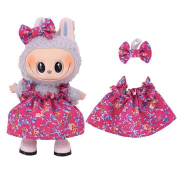 Rochie de petrecere cu flori și bentiță cu nod pentru Labubu Mini Figure 17cm - Roz Intens